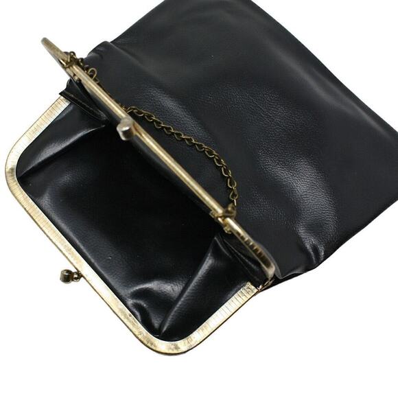 Vintage Black Vinyl Flat Purse w Chain or Folded Clutch Metal Frame 9x9 -Hey Viv - Picture 4 of 6
